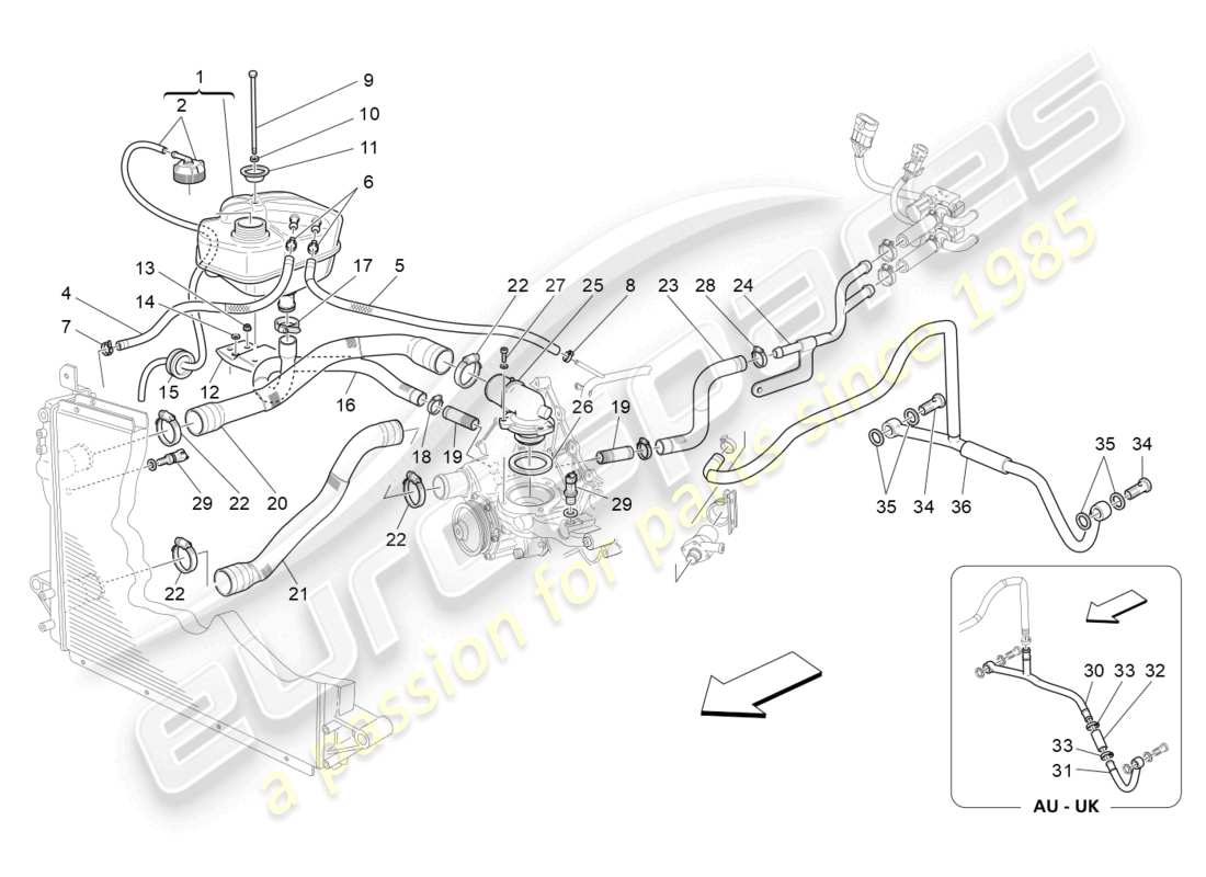 maserati granturismo mc stradale (2011) sistema di raffreddamento: diagramma delle parti di nourice e linee