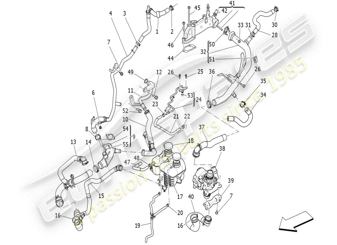 maserati ghibli (2021) sistema di raffreddamento: diagramma delle parti di nourice e linee
