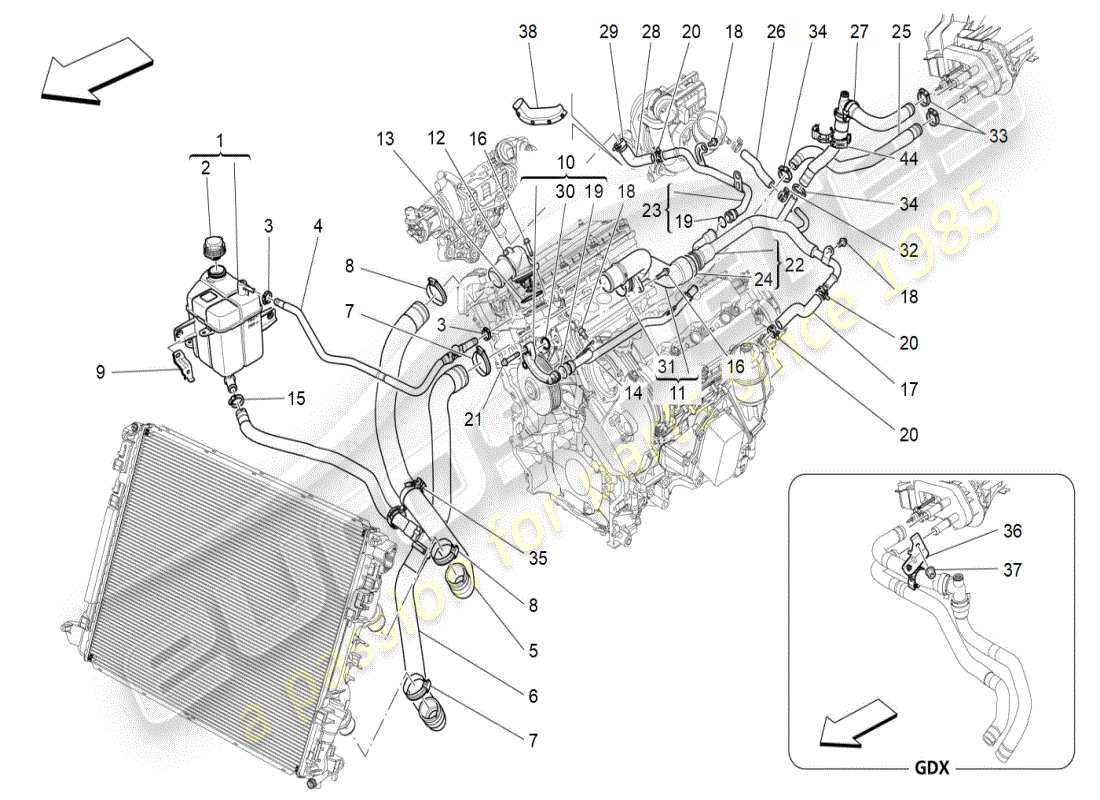 maserati ghibli (2019) sistema di raffreddamento: diagramma delle parti di nourice e linee