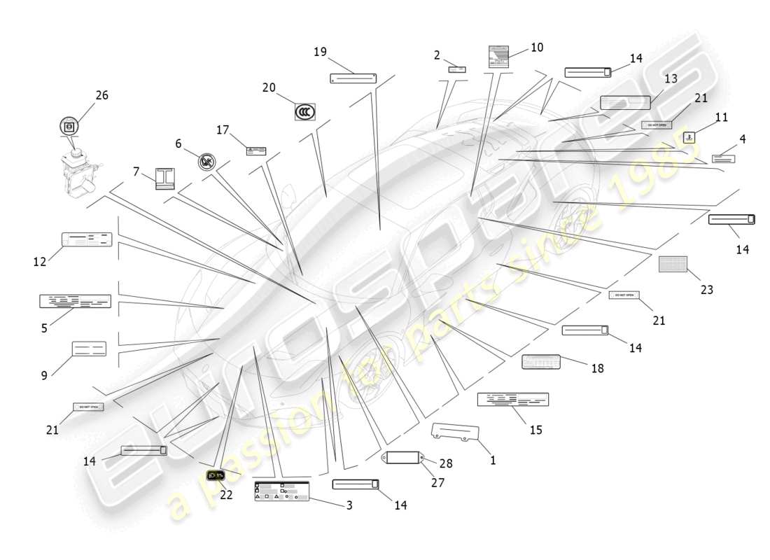 maserati mc20 (2023) diagramma delle parti di adesivi ed etichette