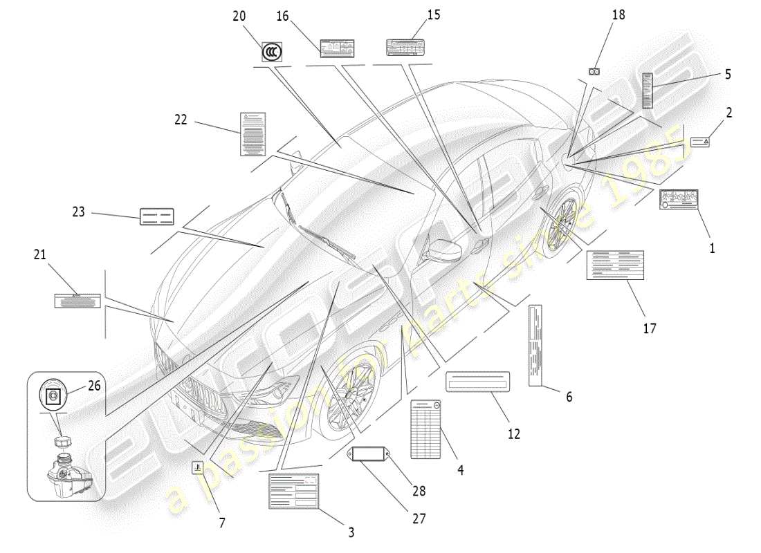 maserati ghibli (2019) diagramma delle parti di adesivi ed etichette