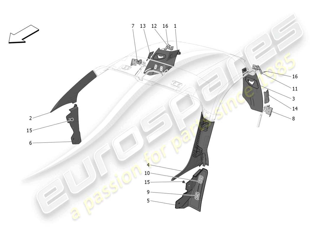 maserati mc20 (2023) schema delle parti dei pannelli di rivestimento del montante b e dei pannelli laterali dell'abitacolo