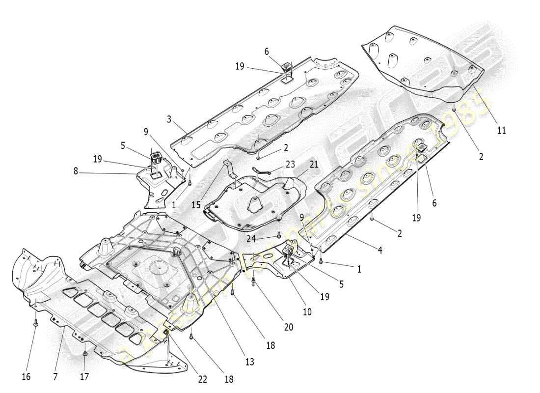 maserati ghibli (2019) schema delle parti delle protezioni sottoscocca e sottopavimento