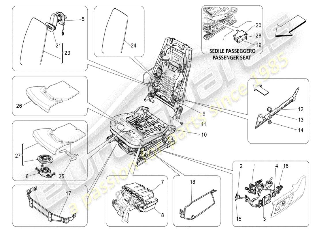maserati ghibli (2019) sedili anteriori: diagramma delle parti meccaniche ed elettroniche