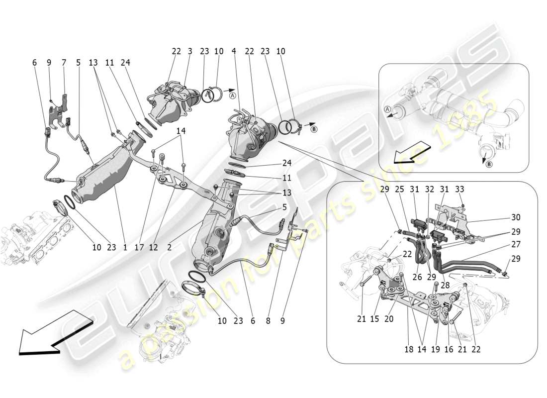 maserati mc20 (2023) diagramma delle parti dei convertitori pre-catalitici e dei convertitori catalitici