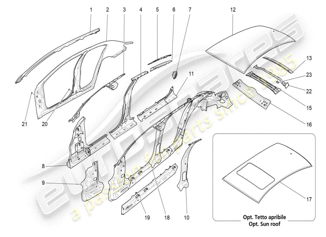 maserati ghibli (2019) schema delle parti della carrozzeria e dei pannelli di rivestimento esterni centrali
