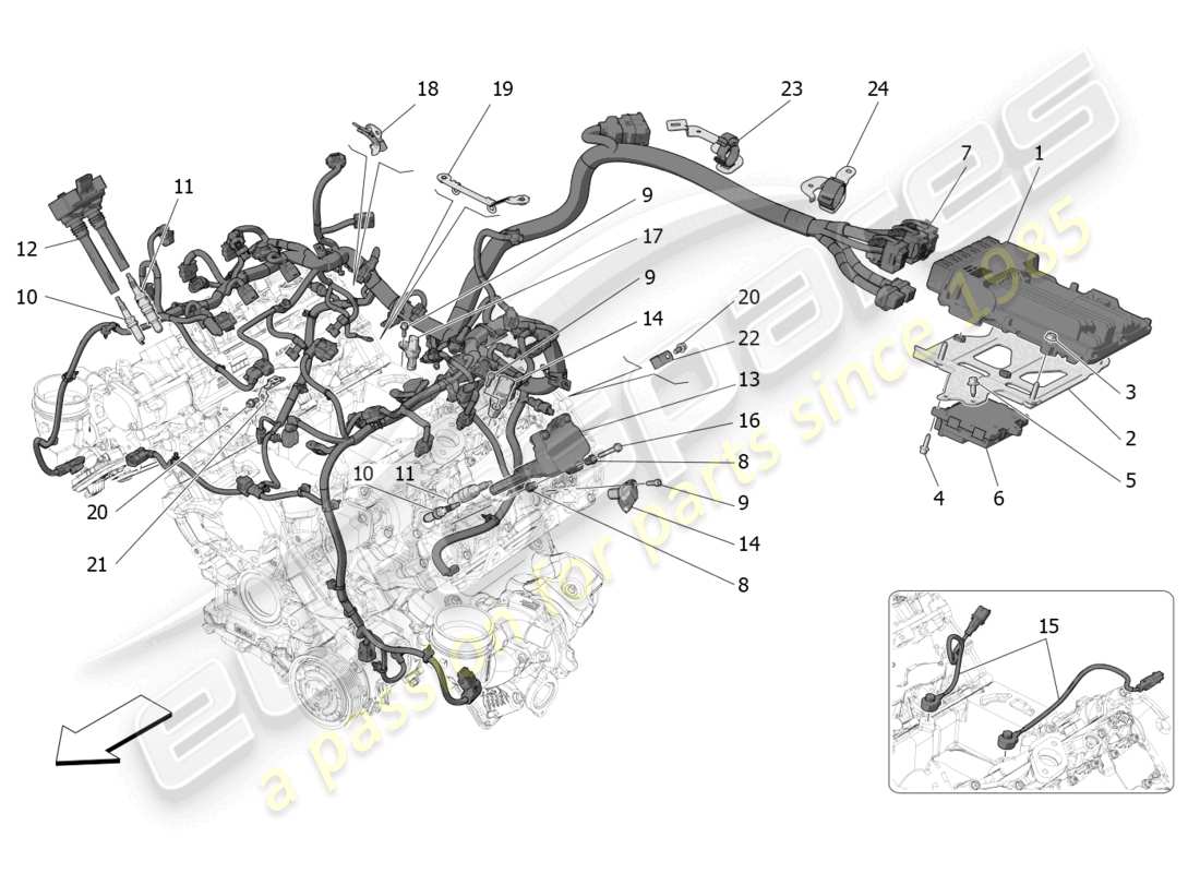 maserati mc20 (2023) controllo elettronico: diagramma delle parti di controllo dell'iniezione e della fasatura del motore