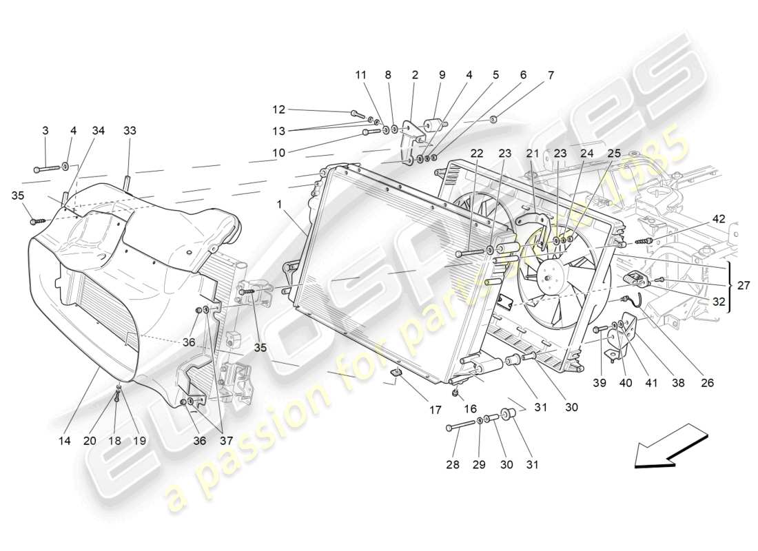 maserati granturismo mc stradale (2012) raffreddamento: diagramma delle parti dei radiatori dell'aria e dei condotti