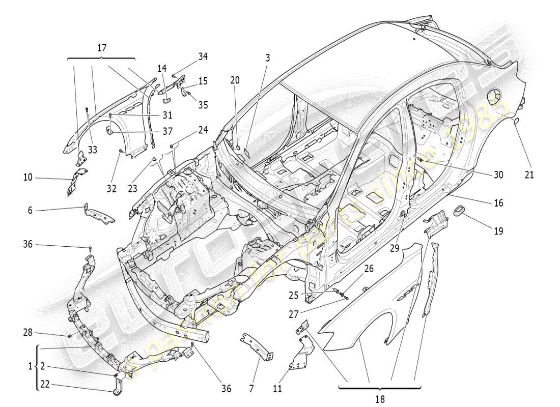 maserati ghibli (2019) schema delle parti della carrozzeria e dei pannelli di rivestimento esterni anteriori