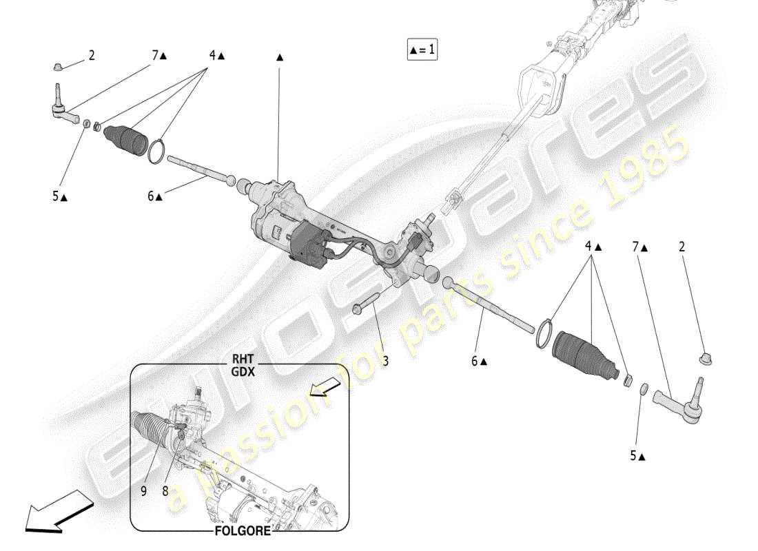 maserati grecale modena (2023) unità cremagliera sterzo completa schema delle parti