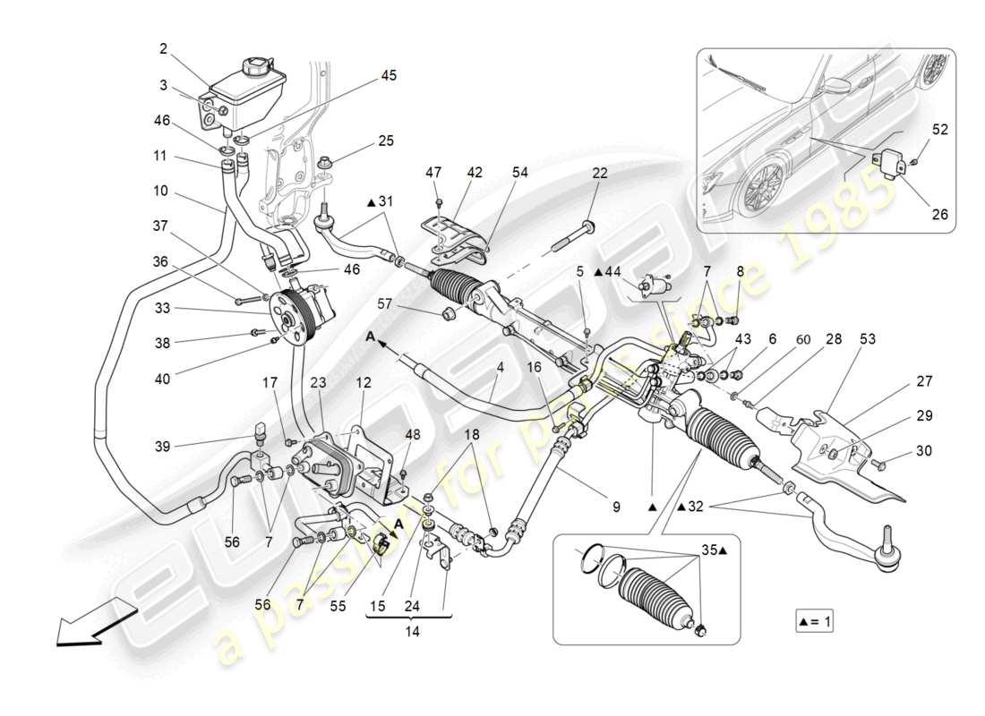 maserati ghibli (2015) unità cremagliera sterzo completa diagramma delle parti