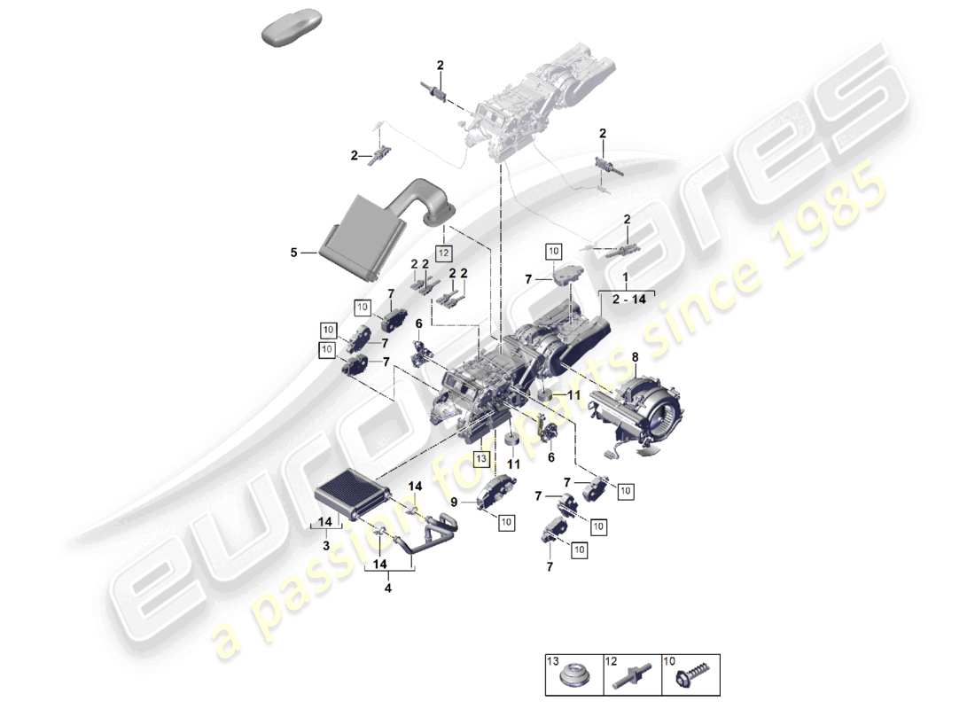 porsche 2026 (cayenne e3 pa) alloggiamento dello scambiatore di calore posteriore del sistema di aria condizionata/riscaldamento parti singole per veicoli con scambiatore di calore 2nd diagramma delle parti
