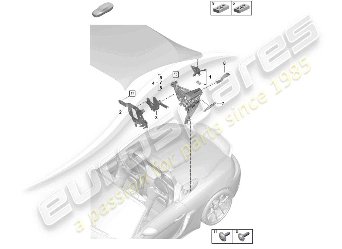 porsche 2021 (718 boxster spyder) diagramma delle parti delle pinne del dispositivo di tensionamento
