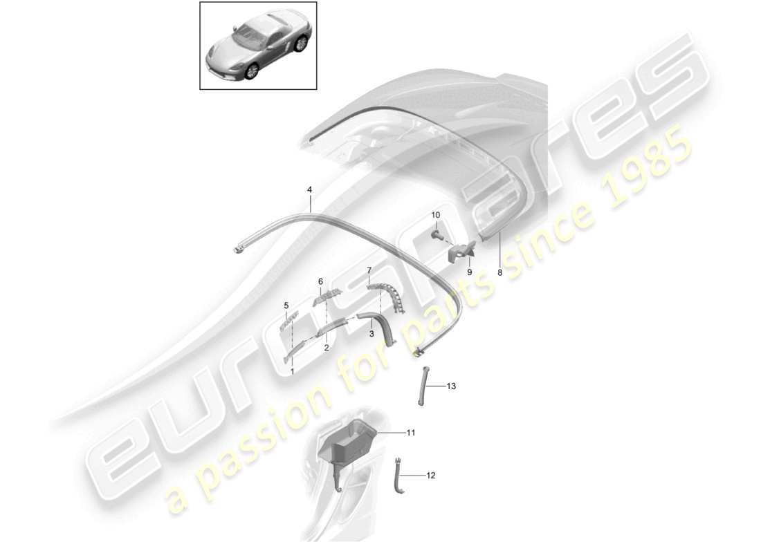 porsche 2024 (718 boxster) guarnizione capote vaschetta di raccolta acqua schema delle parti