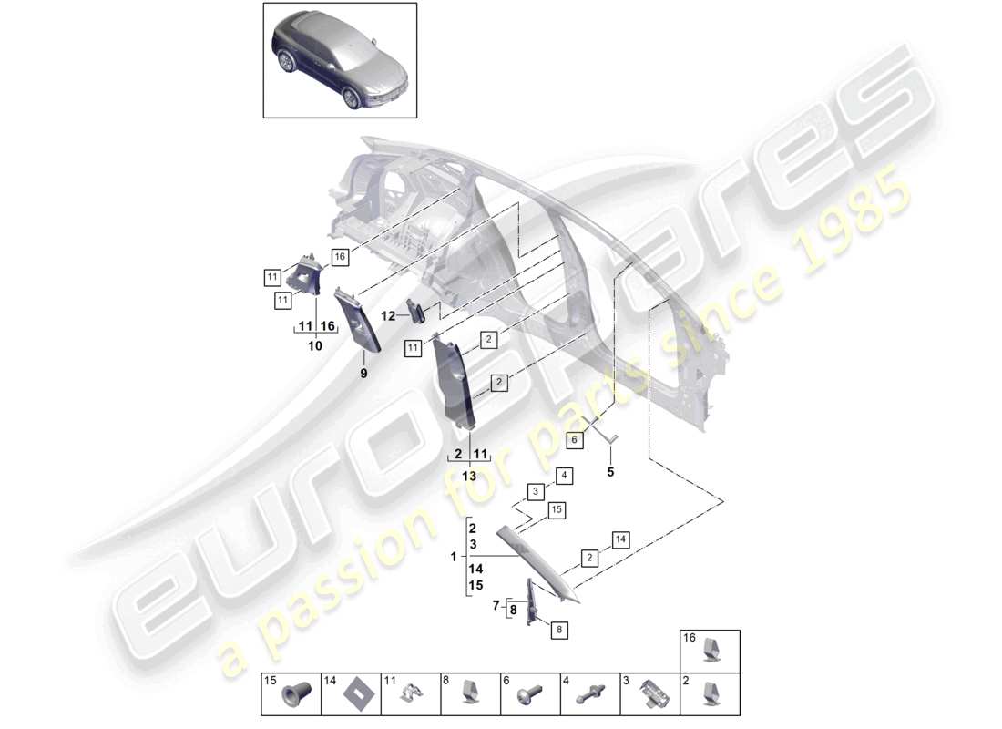 porsche 2024 (cayenne e3 9ya/9yb) rivestimento del montante superiore rivestimento del montante a rivestimento del montante b rivestimento del montante c ed elemento di deformazione diagramma delle parti
