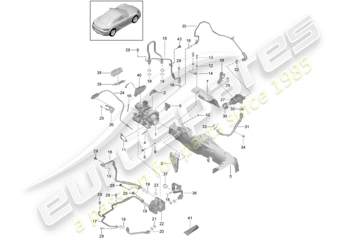 porsche 2023 (718 cayman) turbocompressore a gas di scarico con: isolamento termico tubo dell'olio tubo del liquido di raffreddamento schema delle parti