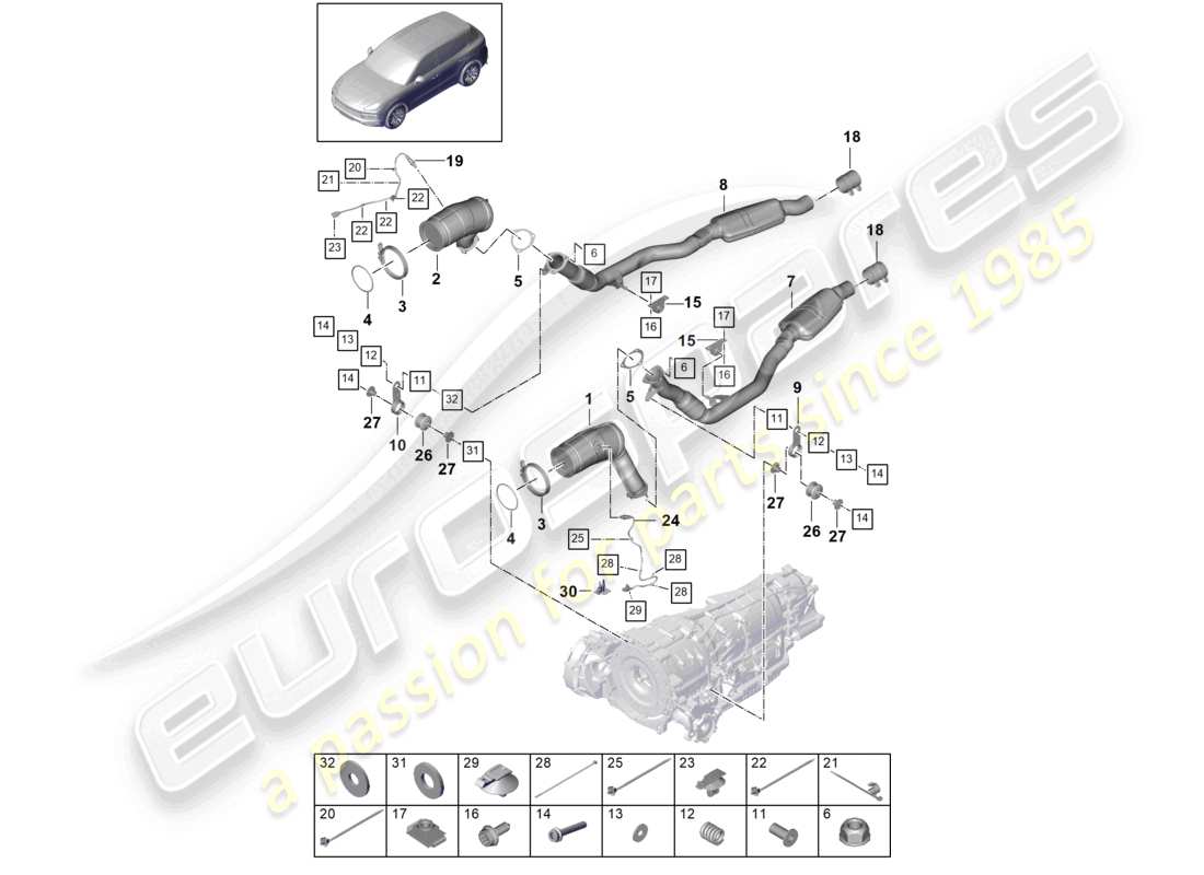 porsche 2022 (cayenne e3 9ya/9yb) sistema di scarico convertitore catalitico sonda lambda schema delle parti