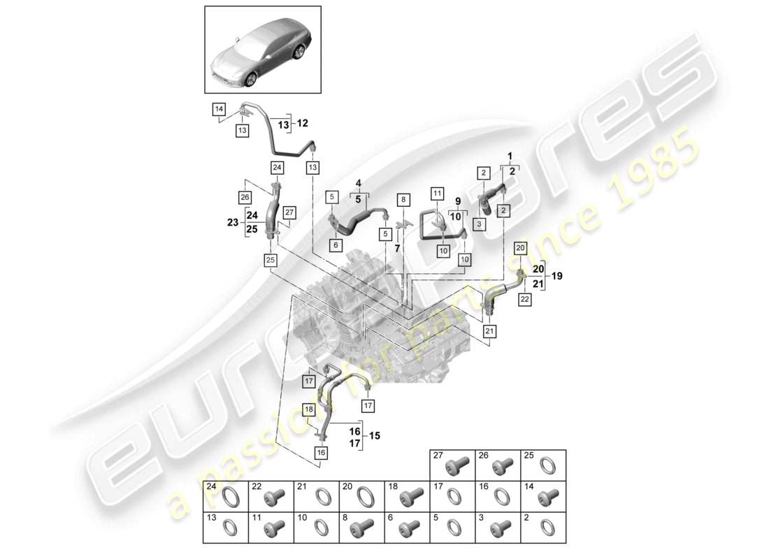 porsche 2021 (panamera 971-1) schema dei componenti del sistema di raffreddamento del liquido di raffreddamento per turbocompressore linea di pressione dell'olio per turbocompressore a gas di scarico
