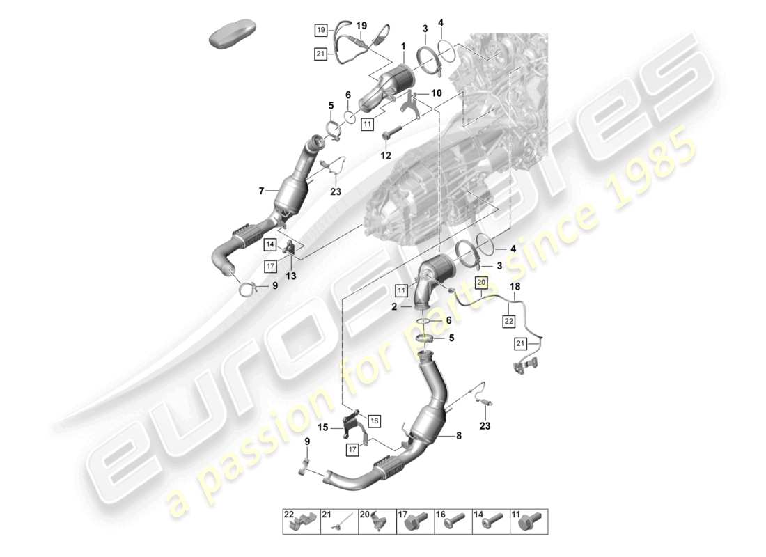 porsche 2024 (panamera 971-2) sistema di scarico convertitore catalitico filtro antiparticolato per benzina sonda lambda schema dei componenti