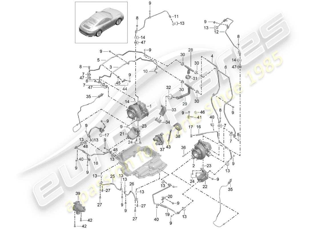 porsche 991 turbo (2018) turbocompressore gas di scarico diagramma delle parti