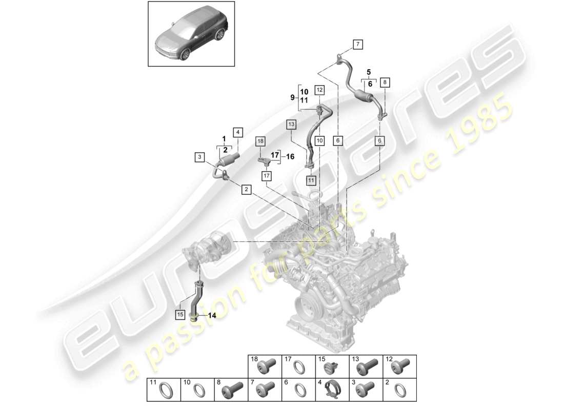porsche 2024 (cayenne e3 9ya/9yb) schema delle parti del sistema di raffreddamento del liquido di raffreddamento per turbocompressore a gas di scarico