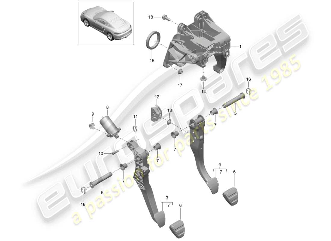 porsche 2021 (718 cayman) schema dei componenti del gruppo pedali freno e frizione