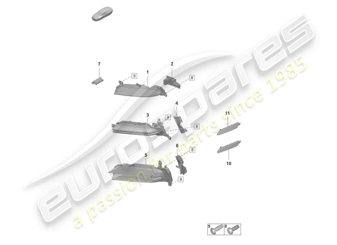 porsche 2021 (panamera 971-2) schema delle parti del faro supplementare, della luce di posizione laterale del ripetitore degli indicatori di direzione