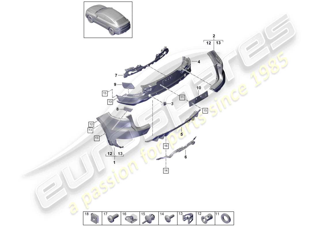 porsche 2022 (cayenne e3 9ya/9yb) paraurti posteriore coupe turbo gt schema delle parti