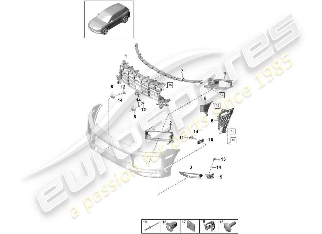 porsche 2022 (cayenne e3 9ya/9yb) paraurti anteriore parti singole effetto carbonio e fissaggi pacchetto sport design diagramma delle parti
