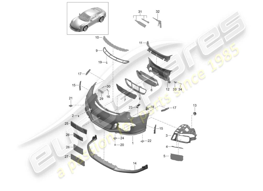 porsche 2021 (991-2 r/gt3/rs) spoiler anteriore paraurti diagramma delle parti