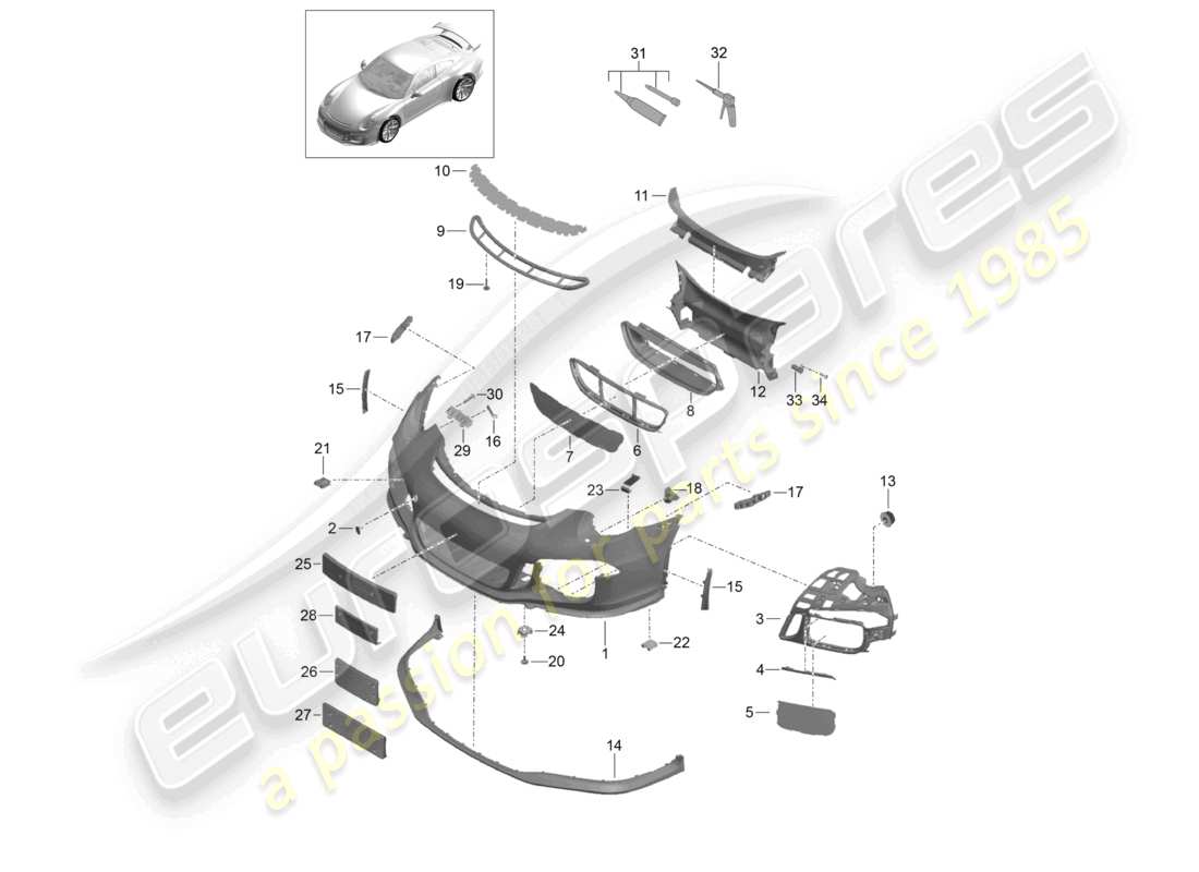 porsche 2021 (991-2 r/gt3/rs) paraurti anteriore spoiler d >>- mj 2017 diagramma delle parti