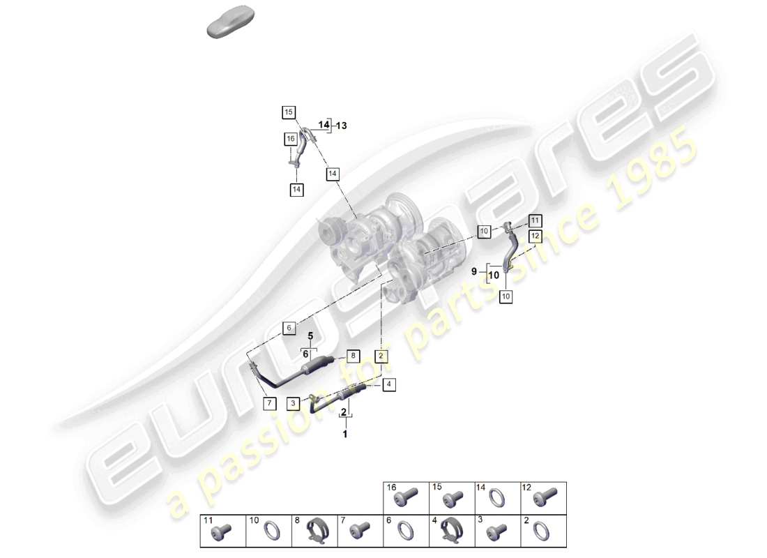 porsche 2025 (panamera 976) schema delle parti del sistema di raffreddamento del liquido di raffreddamento per turbocompressore