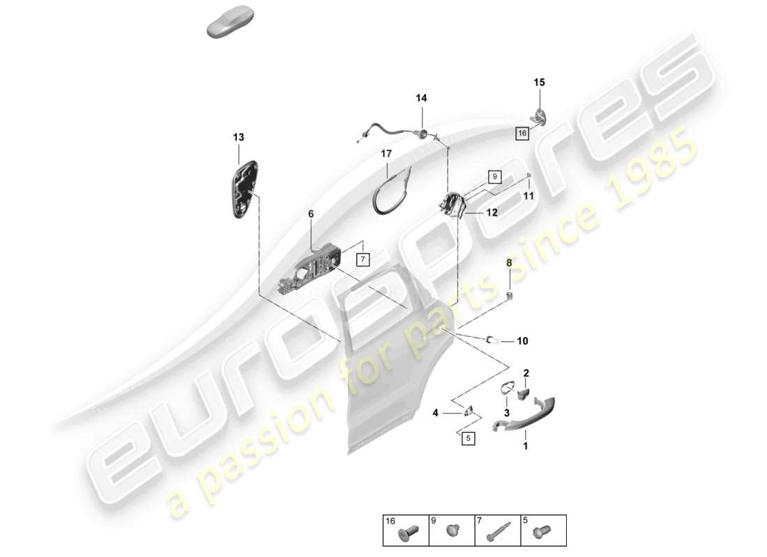 porsche 2026 (cayenne e3 pa) maniglia della porta, posteriore esterna schema delle parti della serratura della porta