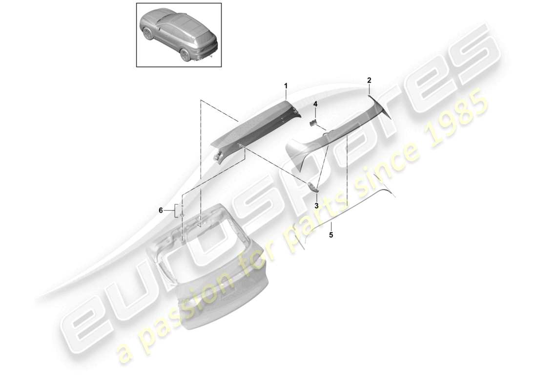 porsche 2022 (cayenne e3 9ya/9yb) schema dei componenti del pacchetto sport design dello spoiler posteriore