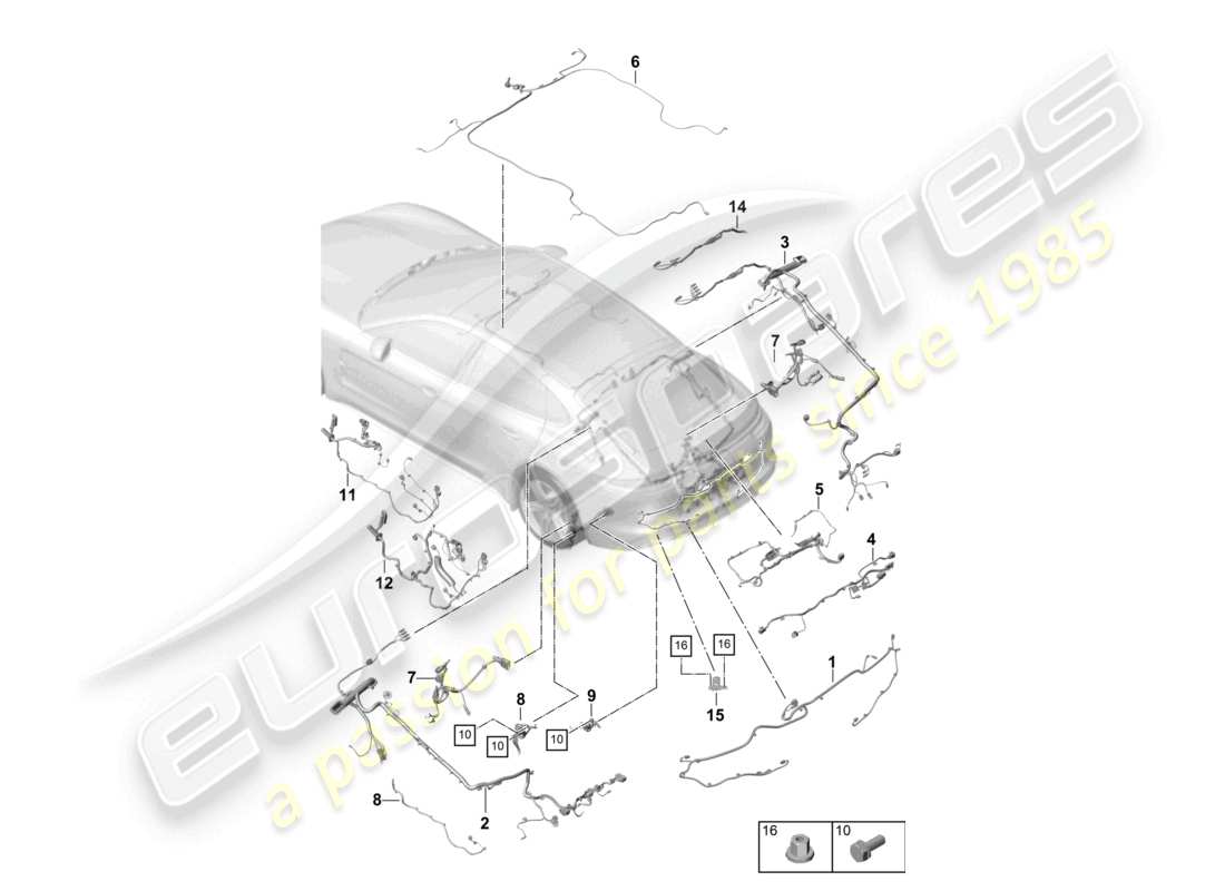 porsche 2021 (panamera 971-1) cablaggi paraurti posteriore rivestimento tetto cofano posteriore sistema frenante antibloccaggio - abs - indicatore usura pastiglie freno pedana assale posteriore schema componenti