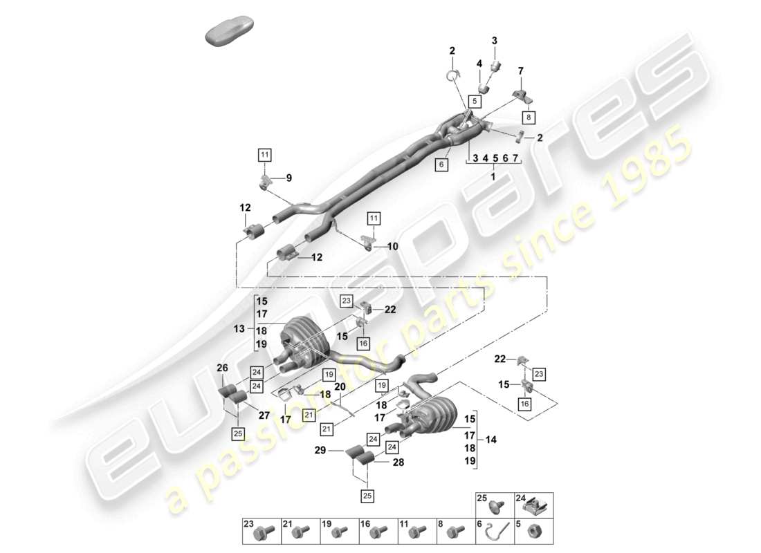 porsche 2021 (panamera 971-2) sistema di scarico versione sportiva silenziatore anteriore silenziatore posteriore terminale di scarico schema dei componenti