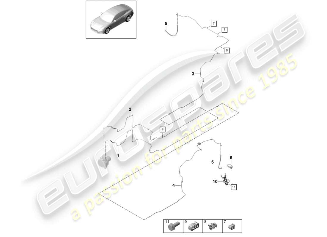 porsche 2021 (panamera 971-1) linea freno sottoscocca e asse posteriore diagramma delle parti