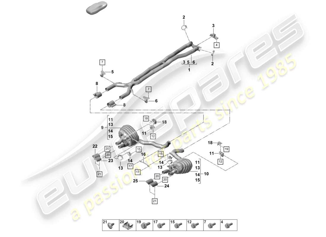 porsche 2021 (panamera 971-2) sistema di scarico versione sportiva silenziatore anteriore silenziatore posteriore terminale di scarico schema dei componenti