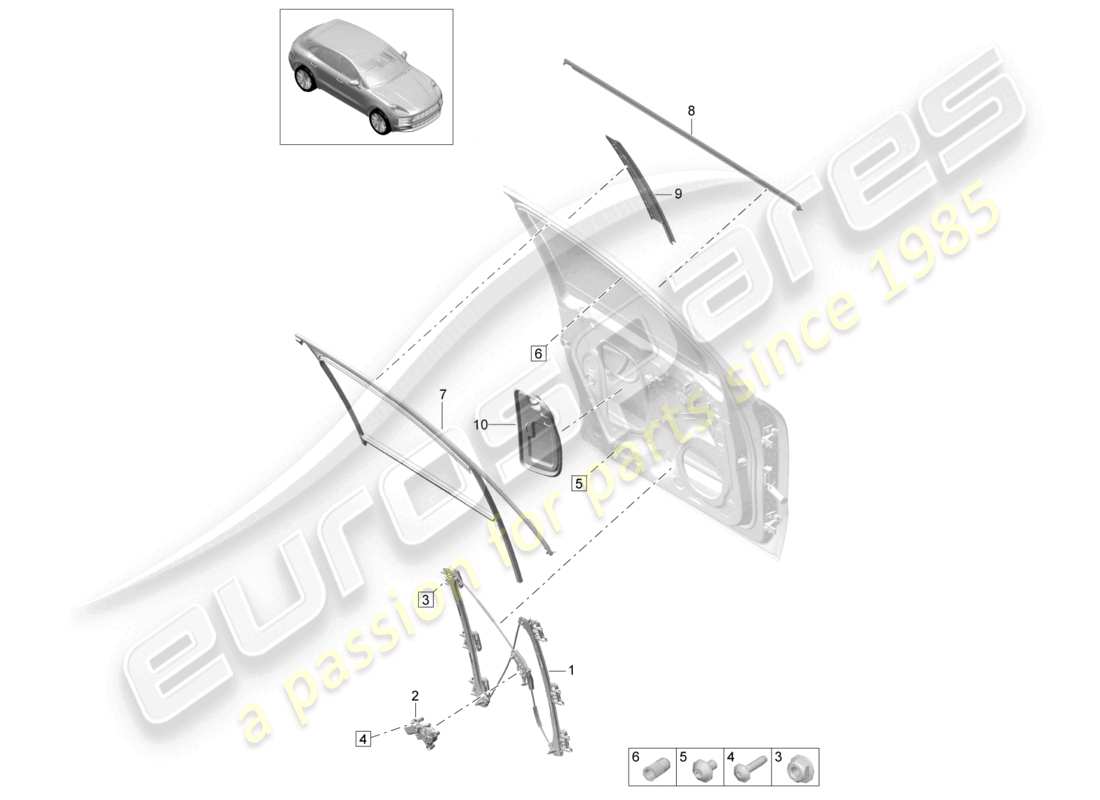 porsche 2021 (macan) schema delle parti del regolatore del finestrino delle porte anteriori