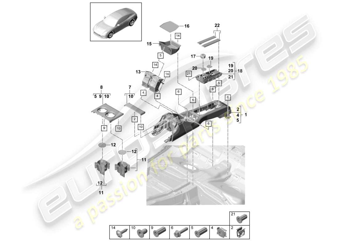 porsche 2021 (panamera 971-1) schema delle parti posteriori della consolle centrale