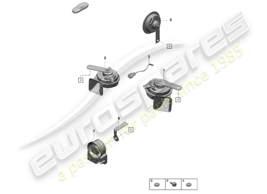 porsche 2021 (718 cayman gt4) schema delle parti del sistema di allarme con sirena di segnalazione fanfare