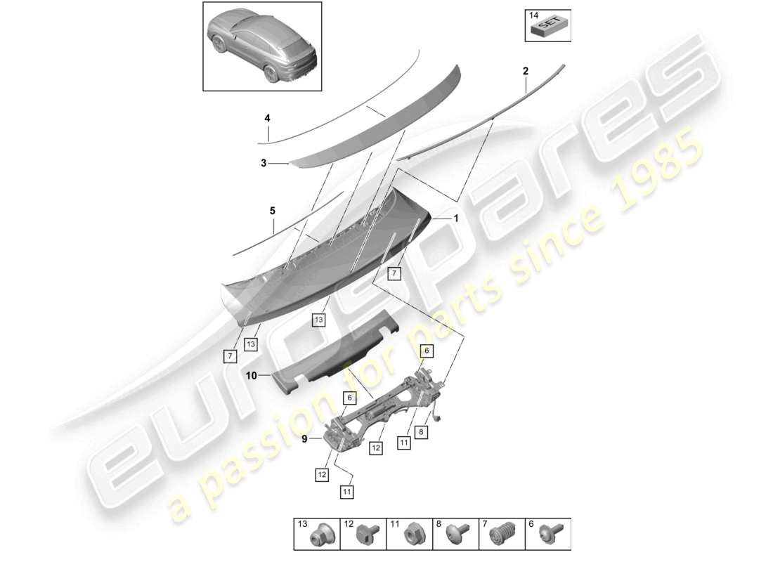 porsche 2022 (cayenne e3 9ya/9yb) schema delle parti dello spoiler posteriore coupé