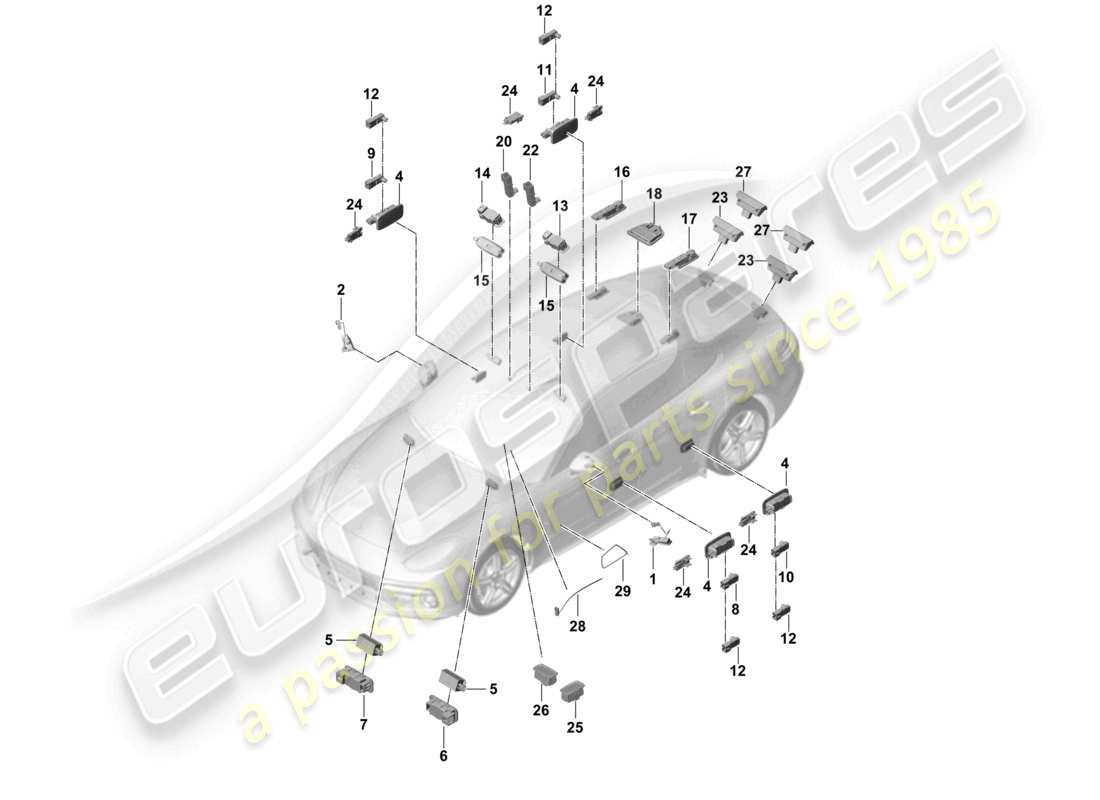 porsche 2021 (panamera 971-1) luce interna luce vano bagagli luce di segnalazione porta luce vano piedi luce specchietto retrovisore esterno schema delle parti