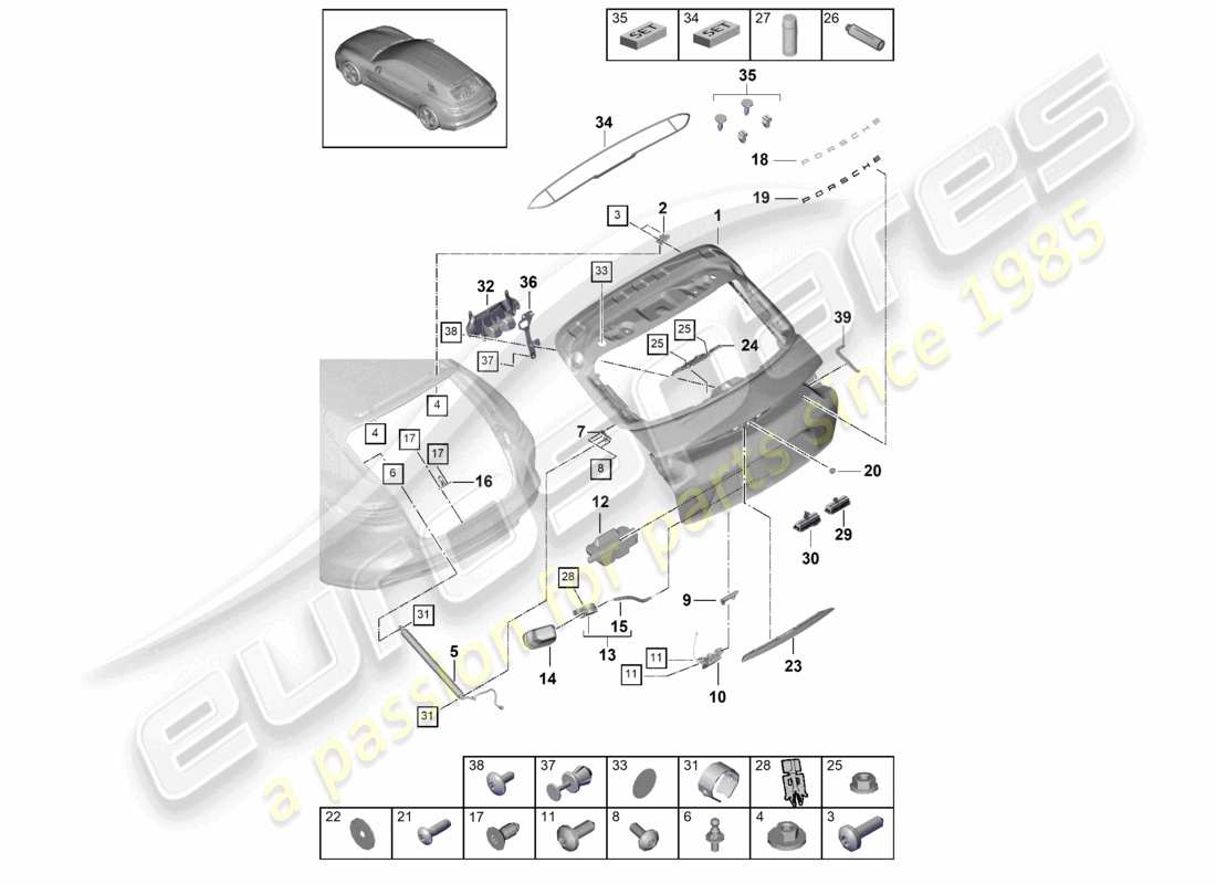 porsche 2021 (panamera 971-1) schema delle parti del coperchio posteriore