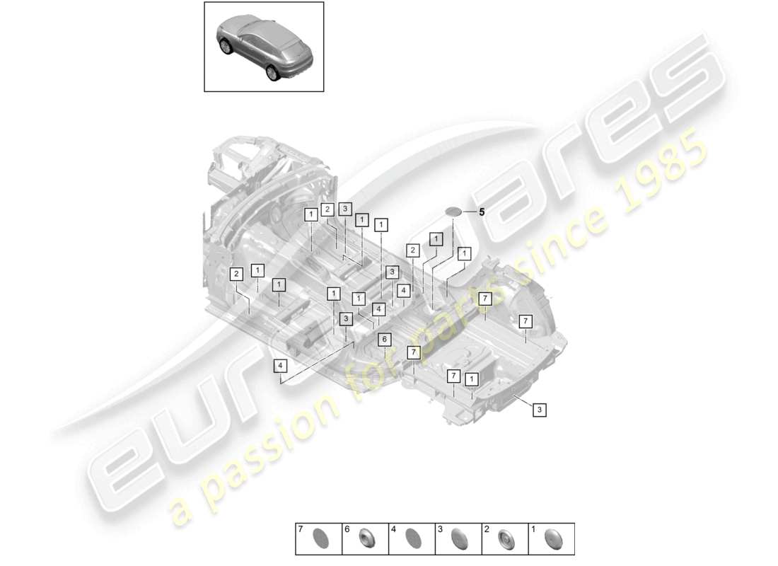 porsche 2021 (macan) diagramma delle parti interne del sottoscocca dei tappi