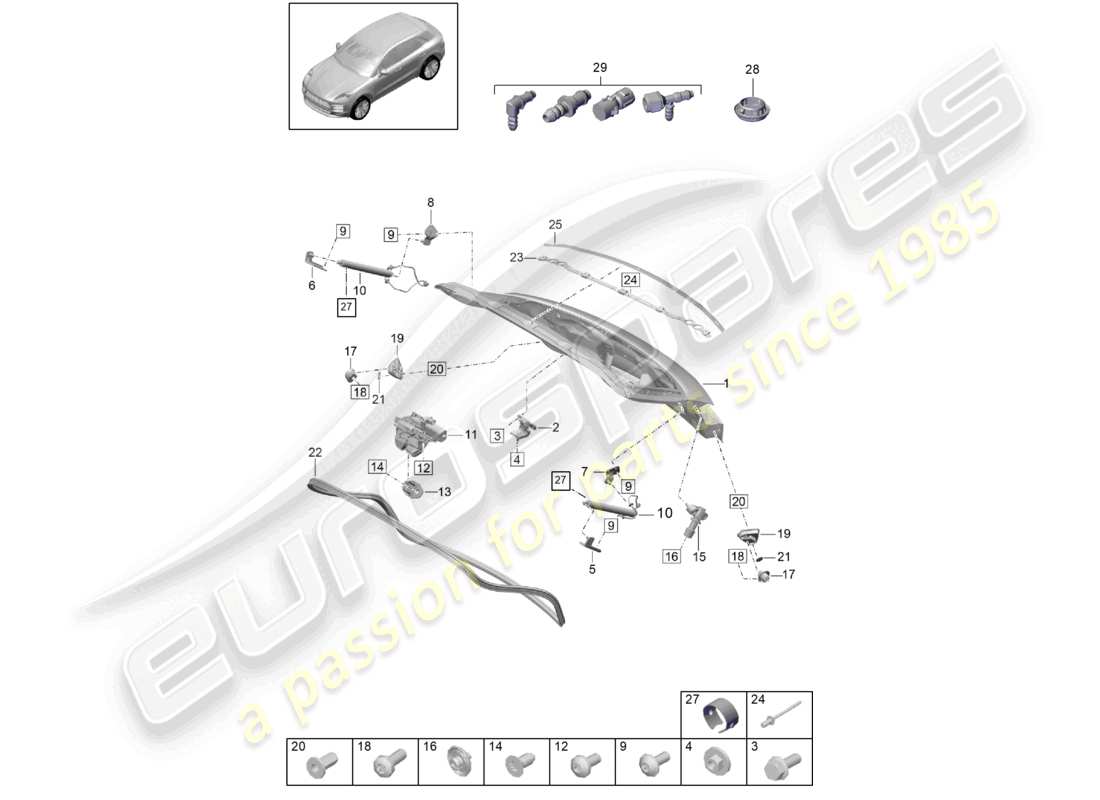 porsche 2021 (macan) schema delle parti del coperchio posteriore