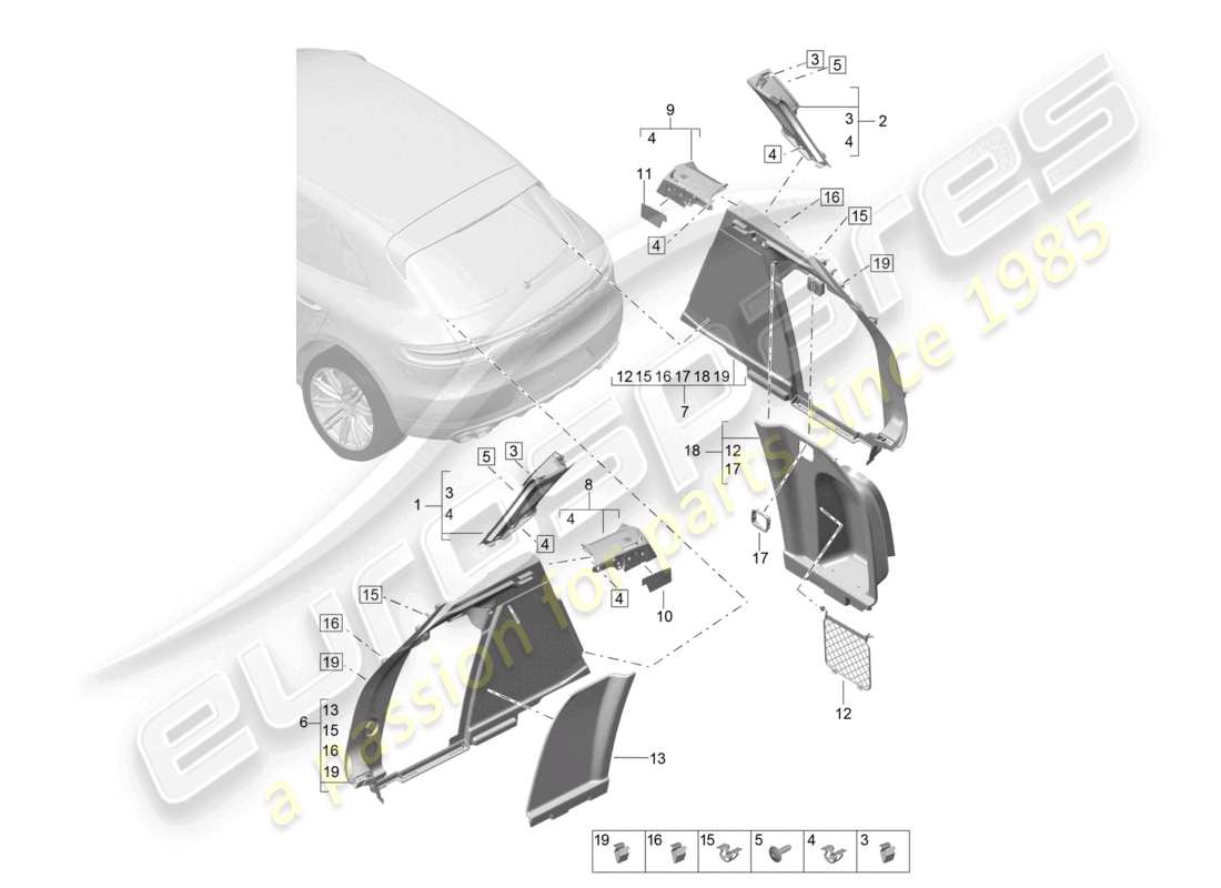porsche 2021 (macan) rivestimento laterale per montante d del vano bagagli diagramma delle parti