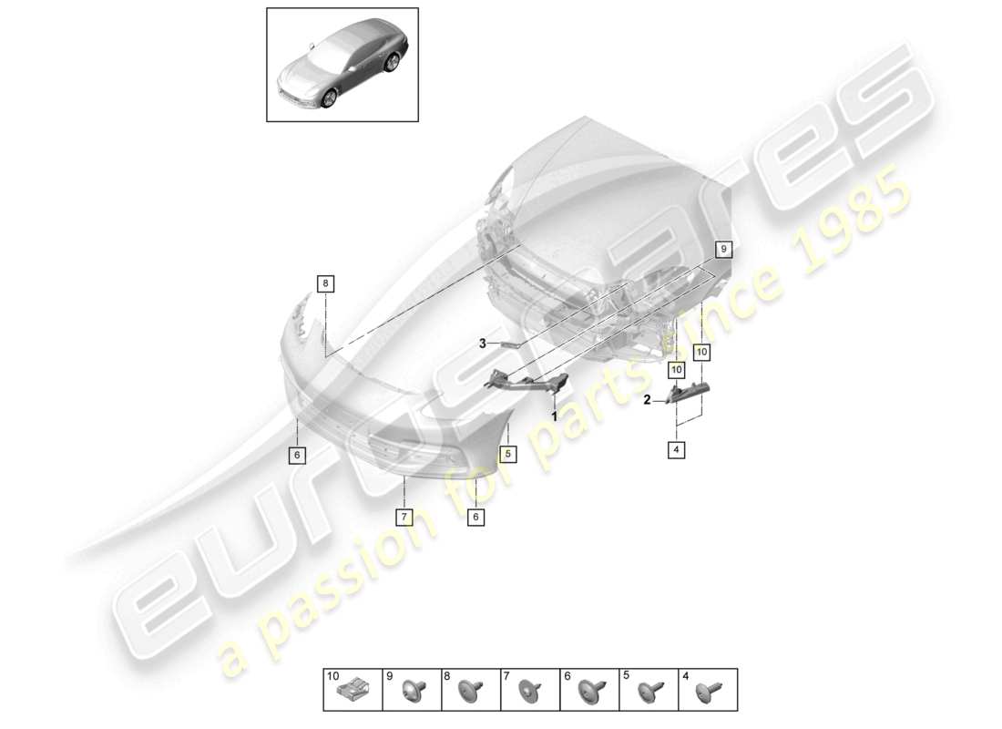 porsche 2021 (panamera 971-1) schema dei componenti del paraurti anteriore