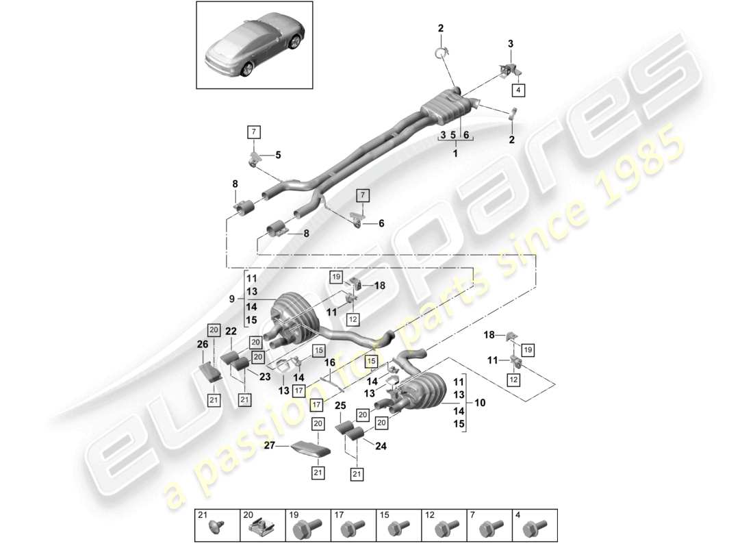 porsche 2021 (panamera 971-1) sistema di scarico silenziatore anteriore silenziatore posteriore terminale di scarico diagramma delle parti