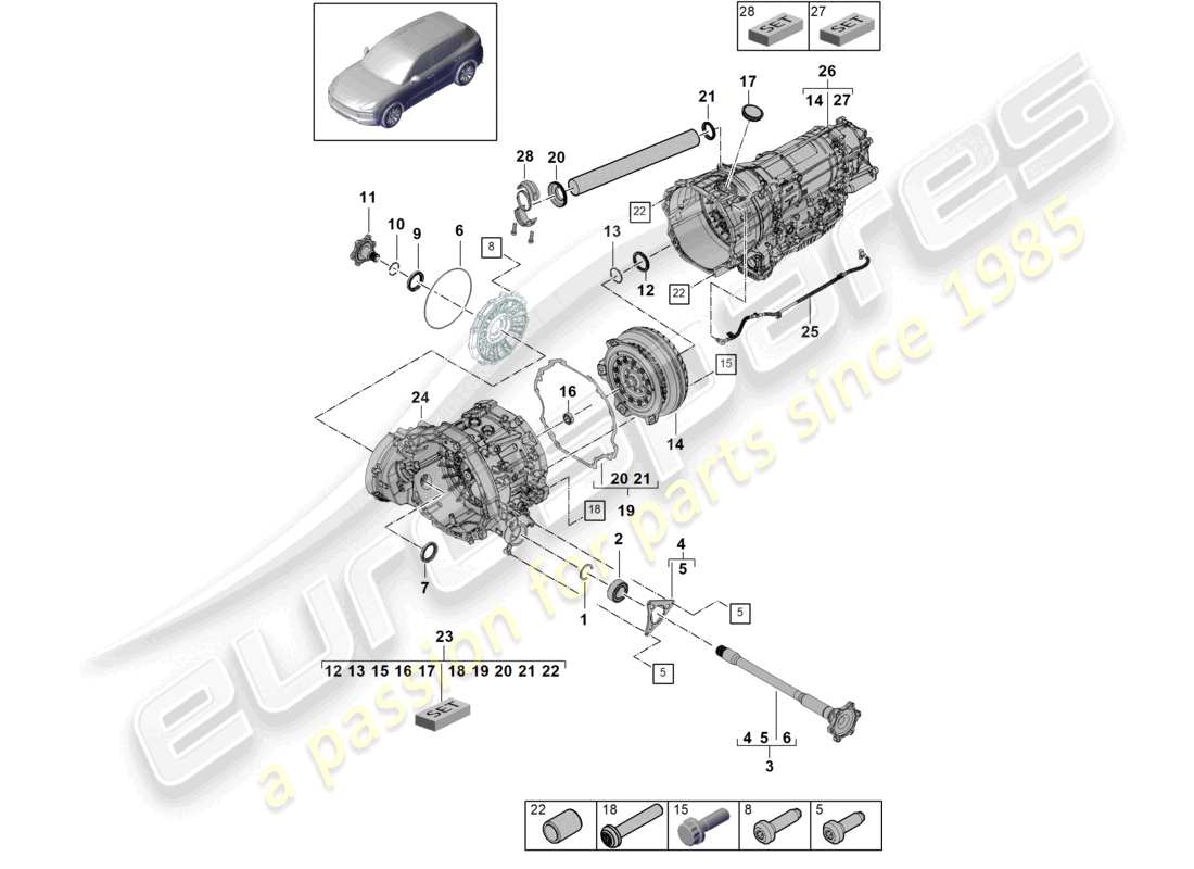 porsche 2022 (cayenne e3 9ya/9yb) 8-speed cambio automatico per veicoli con trazione ibrida albero flangiato convertitore schema delle parti